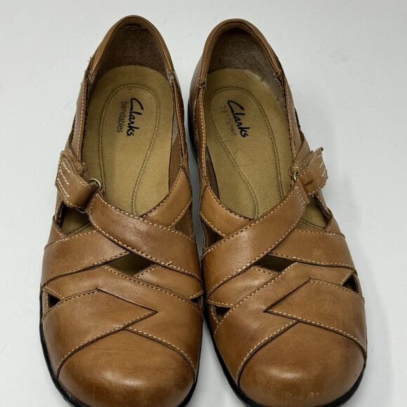 Clarks Bendables Tan Leather Criss Cross Strap Comfort Shoes Sz 10 - Picture 3 of 7